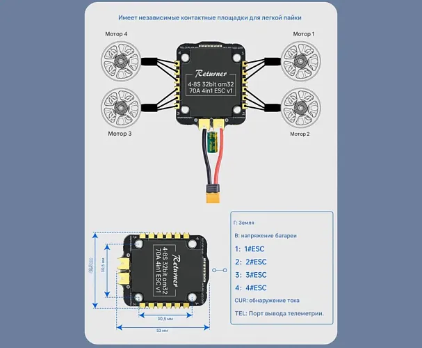 Контроллер скорости ESC Returner 4–8S 32bit AM32 70A (4IN1) V1