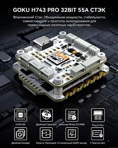 Полетный контроллер и ESC стек GOKU H743 PRO 55A Stack (BL32)