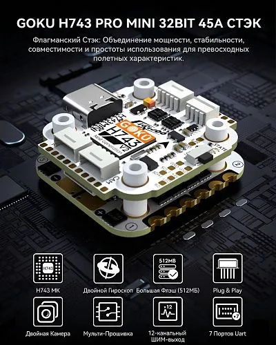 Полетный контроллер и ESC стек GOKU H743 PRO Mini 45A 20x20 Stack (AM32)