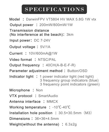 Видеопередатчик DarwinFPV VT5804 HV MAX 5.8G 1W