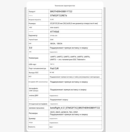 Контроллер полёта Returner 3–8S F722 Betaflight