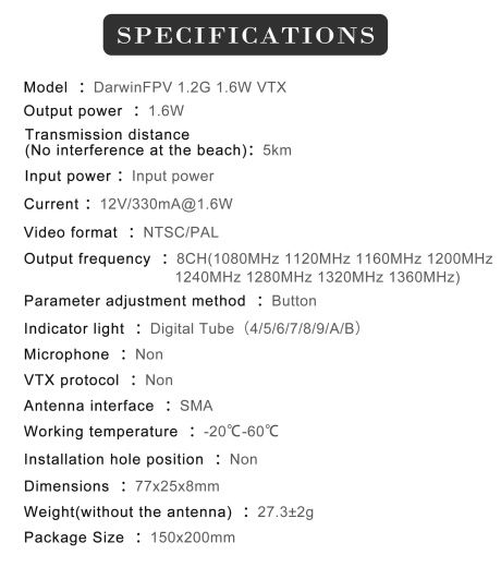 Видеопередатчик DarwinFPV 1.2G 1.6W VTX (комплект с антенной)