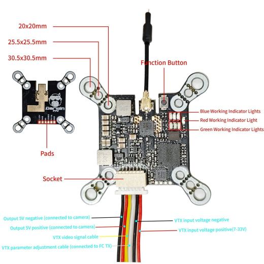 Видеопередатчик DarwinFPV 5.8G 1200mW Baby Ape VTX с антенной